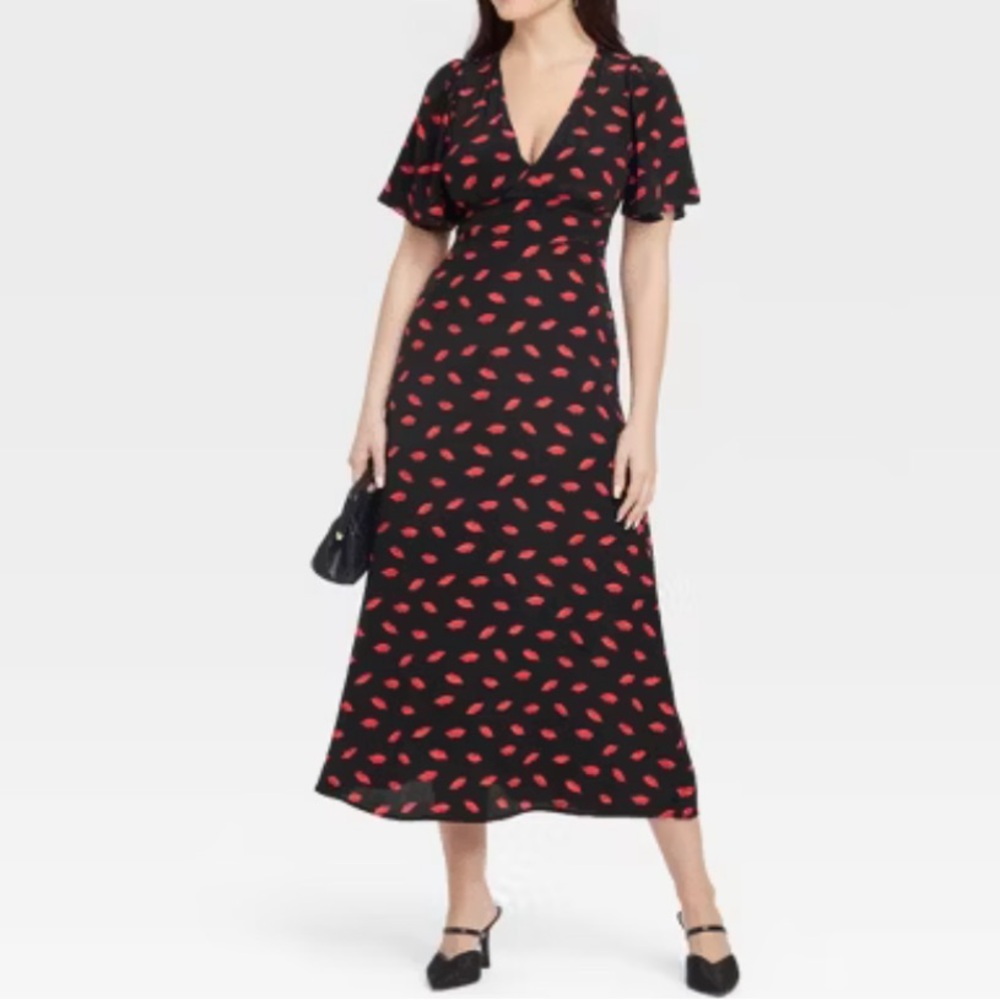 A New Day | Lips Red & Black Midi Dress👄 print